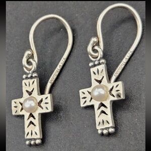 Silpada RARE Vintage Sterling Silver Pearl Dainty Cross Earrings